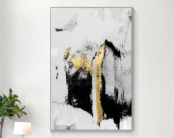 Pintura minimalista en lienzo con lámina de oro negro, pintura abstracta moderna con marco, decoración de pared extragrande para sala de estar.