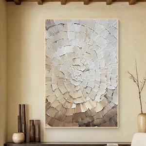 Peinture de texture abstraite neutre, art mural en relief de cercle radial, toile sculpturale beige minimaliste, décoration Japandi moderne