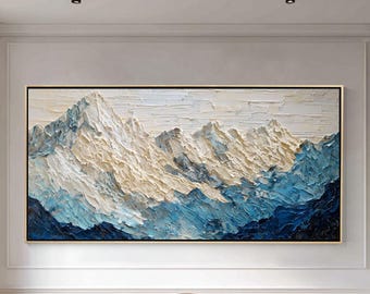 Grande Art Mural de Montagne Texturé, Peinture Paysage Sommet Neigeux, Toile Abstraite Bleue et Blanche, Décor Japandi Moderne Salon