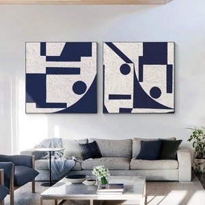 Set of 2 white blue textured minimalist painting, modern navy blue wall art, livingroom wall art decor, abstract original painting on canvas