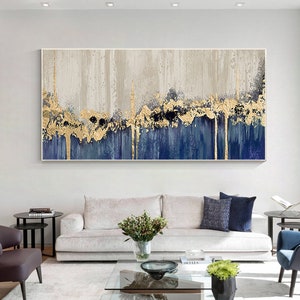 Navy Blue Gold Foil Abstract Painting, Long Horizontal Original Painting on Canvas, Extra Large Wall Art Decor,long wall art,framed wall art
