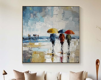 Pintura Ciudad Lluviosa Pintada a Mano, Arte Abstracto Moderno