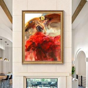 Flamenco Spanish Dancer Classical Painting, Red Skirt Dancer Impression Painting, Modern Framed Wall Art, Original Tango Painting On Canvas