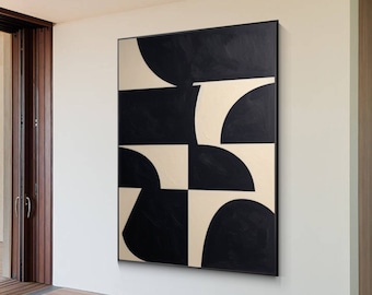 Schwarz Beige Geometrisches Gemälde auf Leinwand: Extra Großes Minimalistisches Wandbild