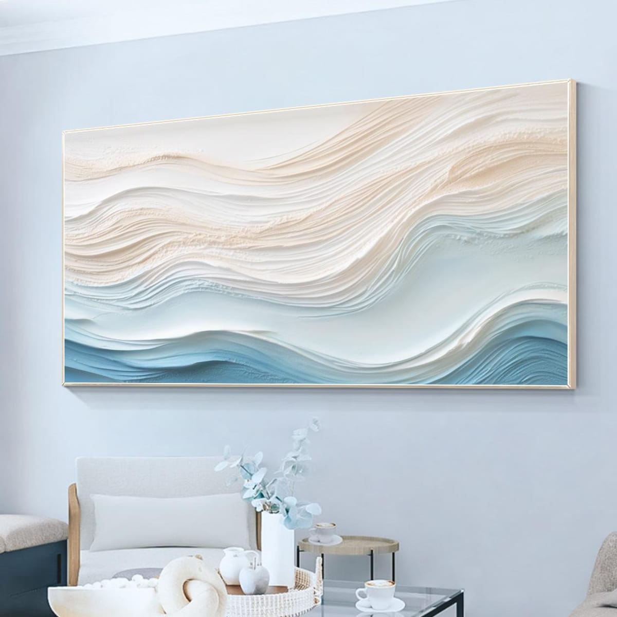 Pale Blue Ocean Painting on Canvas, 3D Cream Textured Coastal Art, Livingroom Horizontal Abstract Oversize Wall Art,warm Colored Plaster Art - Etsy