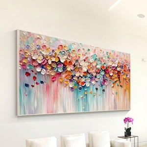 Pintura de flores silvestres con textura 3D sobre lienzo, pintura abstracta de flores coloridas en flor, arte floral horizontal, decoración de pared de gran tamaño