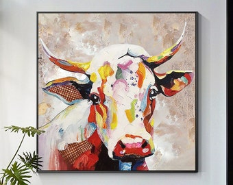 Colorful Cow Painting: Large Original Acrylic Canvas Art,living