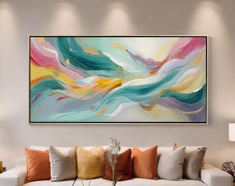 Groot Abstract Schilderij Groen Roze Moderne Wandkunst Luxe Canvas Decor Woonkamer
