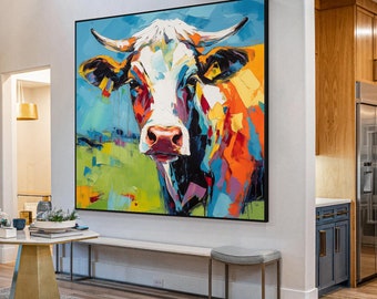 カラフルな質感の牛の絵画、キャンバスに描かれたオリジナルの油絵