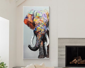 Elephant Painting on Canvas, Elephant Wall Art, Long Vertical Extra Large Wall Art, Colorful Elephant Decor Elephant Gift Elephant Pop Art