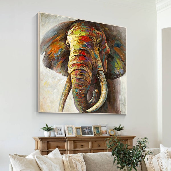 額入り絵画 オリジナル動物アート 象の装飾 アクリル画 キャンバス 大きな絵画 壁掛け写真 ホームデコレーション cuadros abstractos