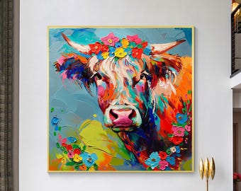 Colorful Cow Portrait 3D Textured Wall Art | Original Painting on Canvas | Bright Farm Animal Art for Rustic Modern Home Decor
