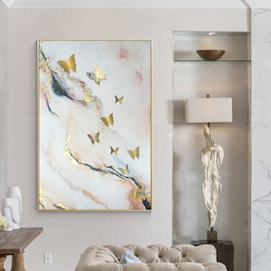 Gold art Installation painting Abstract original Coral Pink Painting Sculpture butterfly paintings On Canvas framed painting large Wall Art