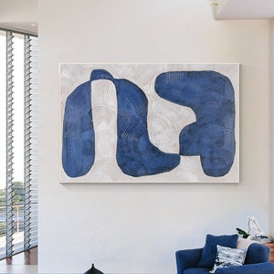 Navy Blue Abstract Painting: Large Modern Framed Canvas Art
