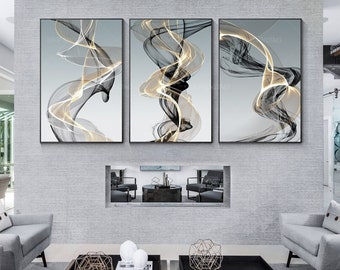 Lot de 3 toiles imprimées ruban abstrait tourbillons noir or, art mural imprimable encadré, grand art mural moderne vertical surdimensionné énorme salon