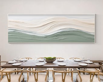 Salbei Grün Beige Ozean Wellen Dicke Strukturierte Wand Kunst, Original Abstrakte Horizontale Lange Schmal Wohnzimmer Schlafzimmer Küstenwand Dekor
