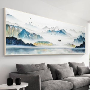 Teal Mountain Painting Original, Watercolor Painting Long Horizontal Livingroom Framed Wall Art, Landscape Painting on Canvas Wall Art Decor image 1