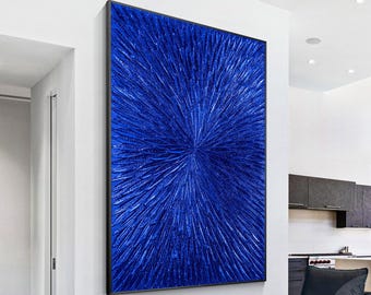 Klein Blue Foil Abstract Textured Flower Art,Royal Blue Painting Luxury Room Wall Art Decor, Extra Large Vertical Art Metallic Painting