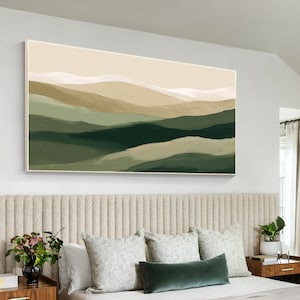 Mountains Abstract Painting Beige Green Wall Art Decor, Mountain Landscape Painting On Canvas, Nature Mountain Oversize Large Wall Art Decor