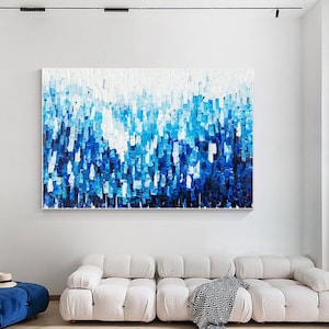 Blue White Abstract Painting Original Textured Painting On Canvas, Horizontal Blue Wall Art, Bedroom Livingroom Wall Art Decor