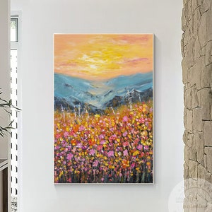 Original Colorful Flowers Mountain Sunrise Painting, Texture Abstract Painting On Canvas, Extra Large Flowers Wall Art Livingroom Decor