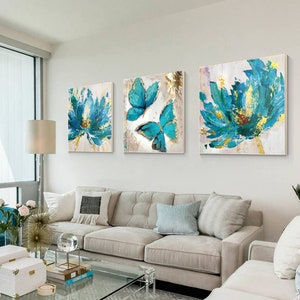 Set of 3 Wall Art Abstract Floral Butterfly Blue Art Framed - Etsy