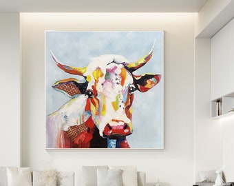 Colorful Cow Texture Wall Art, Original Painting On Canvas, Extra Large Square Wall Art Framed, Farmhouse Cattle Cow Wall Art Gift for Her