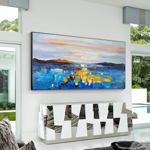 日の出の海の絵画：重厚な質感の海景キャンバスアート