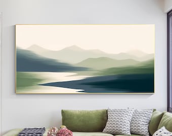 Abstract Mountain Painting: Foggy Green Landscape Canvas Art