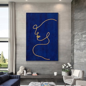 Navy Blue Gold Woman Line Drawing, Original Painting on Canvas, Extra Large Huge Luxury Minimalist Wall Art Home Minimalist Blue Gold Decor