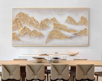 Gold Mountain Textured Abstract Painting: Large Horizontal Canvas Wall Art