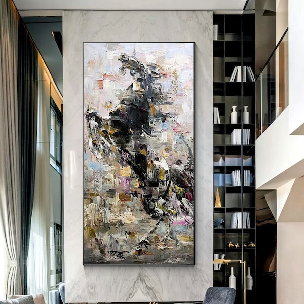 Peinture cheval noir, art mural texture cheval, peinture originale sur toile, cheval abstrait peinture longue verticale très grande art mural