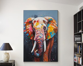 Colorful Elephant Painting, 3D Textured Canvas Wall Art, Pop Art Elephant Artwork, Abstract Animal Painting, Unique Home Decor