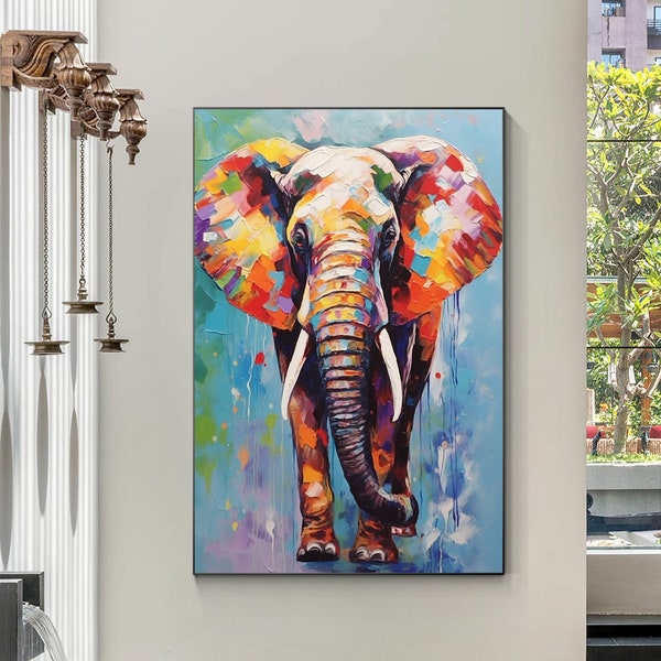 Original Elephant Painting On Canvas, Palette Knife Art Colorful Elephant Painting, Colorful Elephant POP Art, Abstract Elephant Wall Art