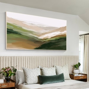 Mountains Abstract Painting Beige Green Wall Art Decor, Mountain Landscape Painting On Canvas, Nature Mountain Oversize Large Wall Art Decor