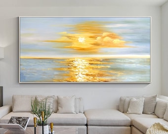 黄金の日の出の壁アート、オリジナルの海景の横長の壁アート（額入り