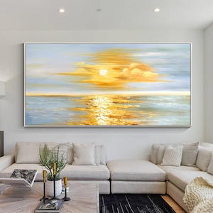 Golden Sunrise Wall Art, Original Seascape Long Horizontal Wall Art Framed, Textured Painting On Canvas, Impressionist Ocean Sea Landscape