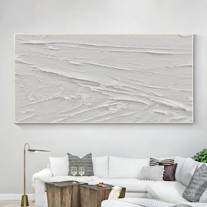 3D White Texture Wall Art Minimalist Painting on Canvas, Livingroom Bedroom Long Horizontal Framed Wall Art Decor, Impasto Abstract Painting