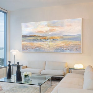 Seascape Sunrise Original Painting on Canvas, Orange Gold Gray Beach Ocean Coastal Painting, Livingroom Horizontal Wall Art Decor