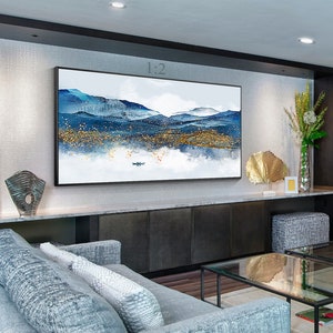 Mounatin Painting Blue Gold Long Horizontal Original Painting On Canvas, Bedroom Livingroom Framed Mountain Nature Landscape Wall Art Decor
