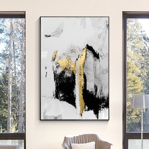 Black Gold Foil Minimalist Painting on Canvas, Abstract Painting Modern Framed Wall Art, Livingroom Huge Oversize Extra Large Wall Art Decor