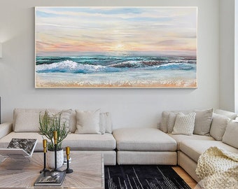 Green Blue Ocean Landscape Original Painting Canvas, Seascape