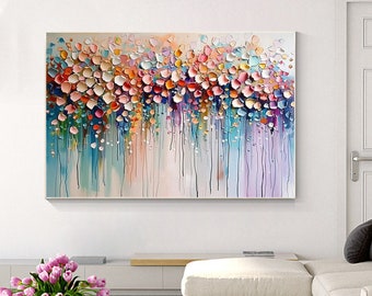Bunte 3D-Wandkunst mit Struktur, abstrakte Blumen, Gemälde auf Leinwand, horizontale Blumen, Wandkunst für Wohnzimmer, extra große, farbenfrohe Wanddekoration
