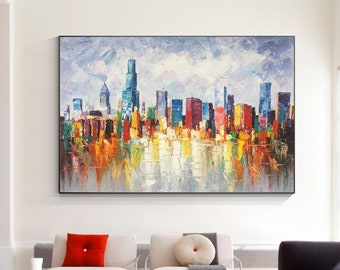 Chicago Skyline Cityscape Painting Canvas, Original palette knife heavy texture, livingroom/bedroom framed wall art decor, urban memory art