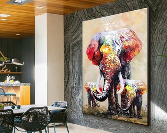 カラフルな象のオリジナル水彩画 レインボー象 風水 野生動物 動物