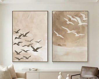 Coastal Bird Wall Art Set of 2, Neutral Beige Seagull Painting, Hand Painted Wabi Sabi Canvas Art, Modern Coastal Decor