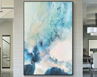 Teal Blue Abstract Painting on Canvas: Framed Living Room Wall Art