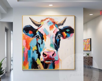 Colorful Cow Portrait Painting: 3D Textured Pop Art on Canvas