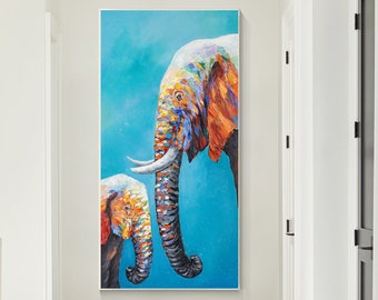 Elephant Family Painting: Colorful Pop Art on Canvas