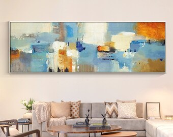 Blue Orange Colorful Geometric Painting on Canvas, Long Horizontal Framed Wall Art, Livingroom Bedroom Wall Art Decor, Modern Wall Art
